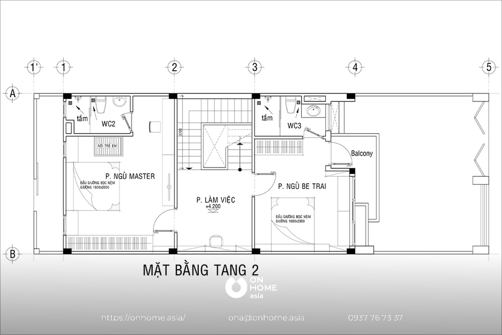 Mặt bằng nhà phố 1 trệt 2 lầu - tầng 2